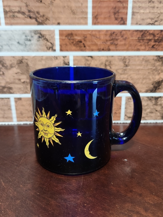 Libby Celestial Other - Cobalt Blue Glass Mug with Yellow Sun & Moon Motif